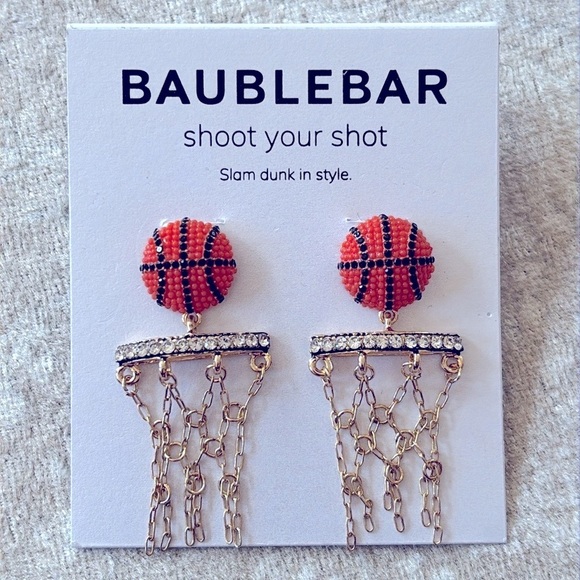 Brand New BaubleBar Basketball Drop Earrings Gold Tone Chain Net March Madness - Picture 12 of 12